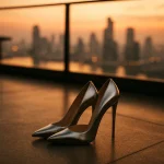 Ασημί λαμπερές γόβες σε ρομαντικό rooftop με θέα την πόλη.